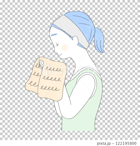 Illustration of a profile of a woman wiping her face with a towel 122195800