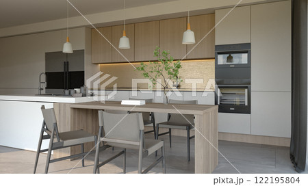 A modern kitchen and dining area featuring wooden elements, minimalist decor, and contemporary lighting, creating an inviting atmosphere. 3d rendering. A modern kitchen and dining area featuring wooden elements, minimalist decor, and contemporary lighting, creating an inviting atmosphere. 3d rendering. 122195804