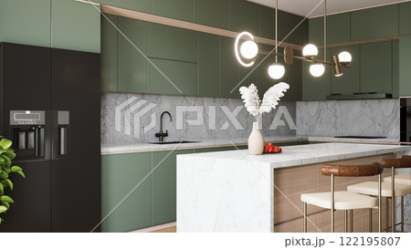 A modern kitchen featuring green cabinetry, a marble countertop, stylish pendant lights, and a minimalist aesthetic. 3d rendering. 122195807