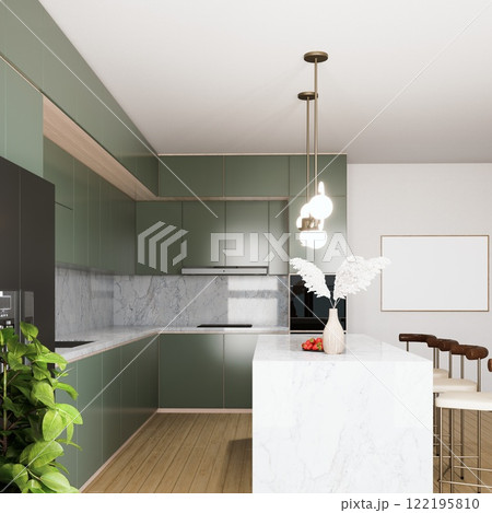 A modern kitchen design featuring green cabinetry, a marble island, wooden flooring, and stylish pendant lighting, creating a sleek and inviting atmosphere. 3d rendering. 122195810