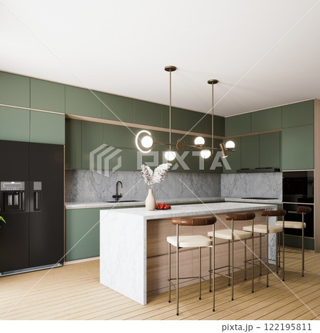 A modern kitchen featuring green cabinetry, minimalist design, a large island with seating, and stylish pendant lighting. 3d rendering. 122195811