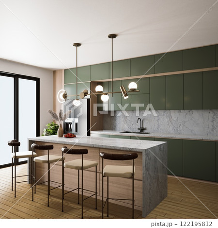 A modern kitchen featuring green cabinets, a marble countertop, stylish pendant lights, and sleek bar stools, creating an inviting and contemporary atmosphere. 3d rendering. 122195812