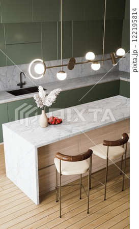 A modern kitchen featuring a marble countertop, green cabinets, stylish lighting, and decorative elements, creating a chic and inviting space. 3d rendering. 122195814