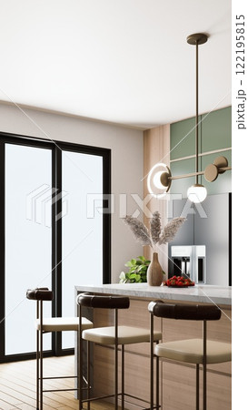 A modern kitchen featuring a stylish island, sleek bar stools, contemporary lighting, and decorative plants, creating a welcoming atmosphere. 3d rendering. 122195815