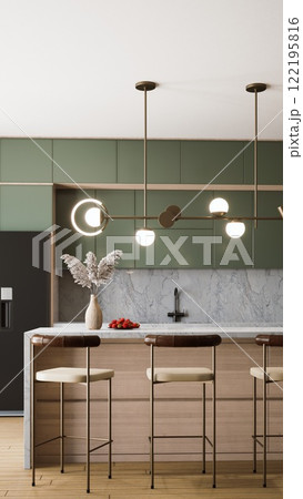 A modern kitchen featuring a stylish island, minimalist decor, elegant lighting, and a contemporary color scheme. 3d rendering. A modern kitchen featuring a stylish island, minimalist decor, elegant lighting, and a contemporary color scheme. 3d rendering. 122195816