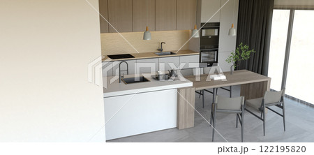 A modern kitchen featuring sleek cabinetry, a dining table, and large windows, creating a bright and inviting space. 3d rendering interior. A modern kitchen featuring sleek cabinetry, a dining table, and large windows, creating a bright and inviting space. 3d rendering interior. 122195820