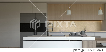 A sleek, modern kitchen featuring minimalist design, neutral tones, and stylish fixtures, creating an elegant and functional cooking space. 3d rendering. A sleek, modern kitchen featuring minimalist design, neutral tones, and stylish fixtures, creating an elegant and functional cooking space. 3d rendering. 122195821