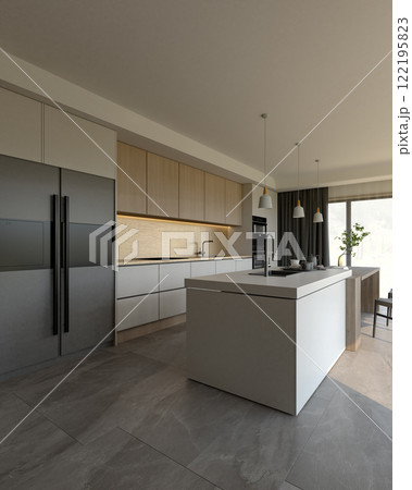 A modern kitchen featuring sleek cabinetry, an island, and large windows, creating a bright and functional workspace. 3d rendering interior. 122195823