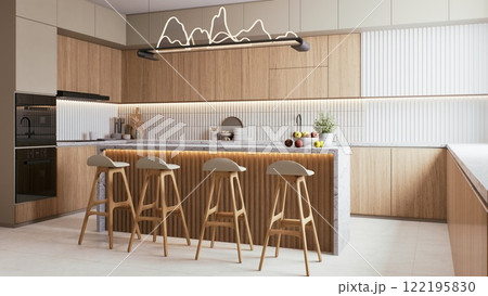 A modern kitchen featuring wooden cabinetry, a spacious island with bar stools, and stylish lighting, creating a warm and inviting atmosphere. 3d rendering interior. 122195830
