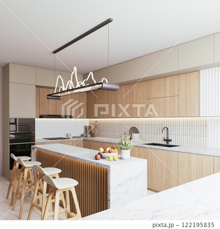 A modern kitchen featuring wooden cabinetry, marble countertops, and stylish lighting, creating a warm and inviting atmosphere. 3d rendering. A modern kitchen featuring wooden cabinetry, marble countertops, and stylish lighting, creating a warm and inviting atmosphere. 3d rendering. 122195835