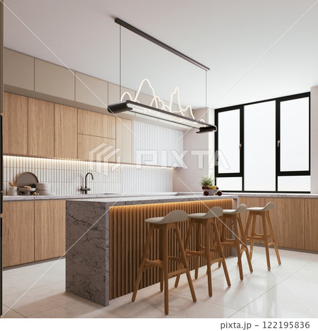 Modern kitchen with wooden cabinets, a marble island, stylish bar stools, and a unique light fixture, featuring a bright, airy atmosphere. 3d rendering. 122195836