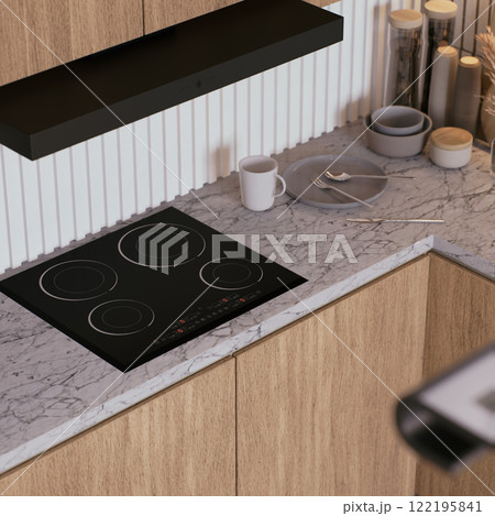 A modern kitchen featuring a sleek induction cooktop, minimalist cabinetry, and stylish countertop accessories in a warm, inviting design. 3d rendering. 122195841