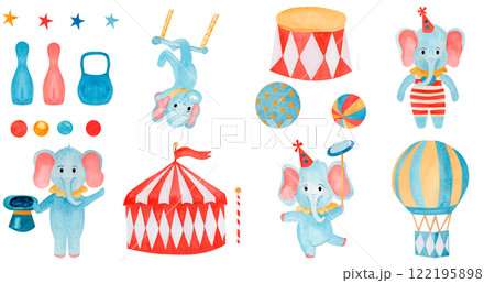 Watercolor childish collection circus: tent ,Cartoon elephants magician, The strong man, gymnastic, juggler, ,balloon, circus stand, balls, kettlebell. Performance. ideal for textile, fabric Watercolor childish collection circus: tent ,Cartoon elephants magician, The strong man, gymnastic, juggler, ,balloon, circus stand, balls, kettlebell. Performance. ideal for textile, fabric 122195898