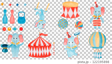 Watercolor childish collection circus: tent ,Cartoon elephants magician, The strong man, gymnastic, juggler, ,balloon, circus stand, balls, kettlebell. Performance. ideal for textile, fabric Watercolor childish collection circus: tent ,Cartoon elephants magician, The strong man, gymnastic, juggler, ,balloon, circus stand, balls, kettlebell. Performance. ideal for textile, fabric 122195898