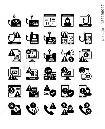 set of scam, cyber security solid glyph icon set of scam, cyber security solid glyph icon 122196047