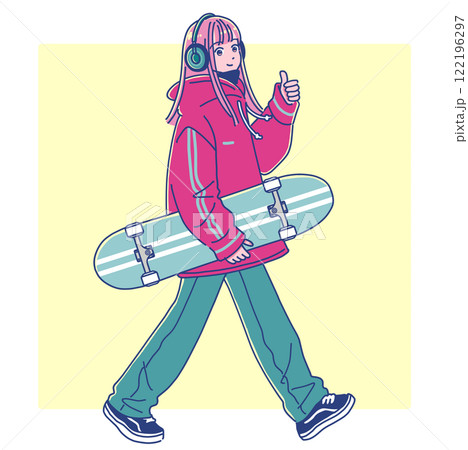 スケボーを持って歩く女の子のイラスト素材 [122196297] - PIXTA