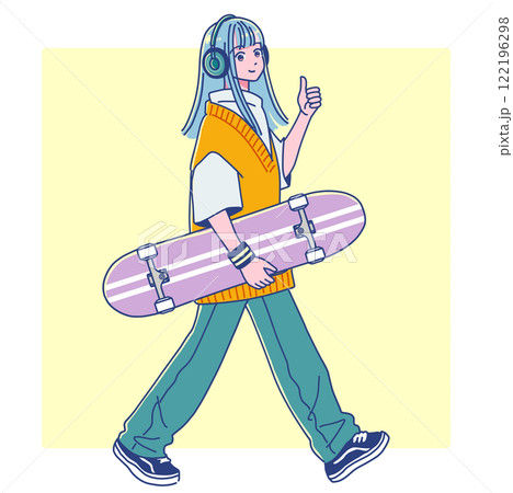 スケボーを持って歩く女の子のイラスト素材 [122196298] - PIXTA
