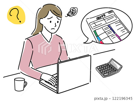 確定申告で困る女性のシンプル線画 122196345