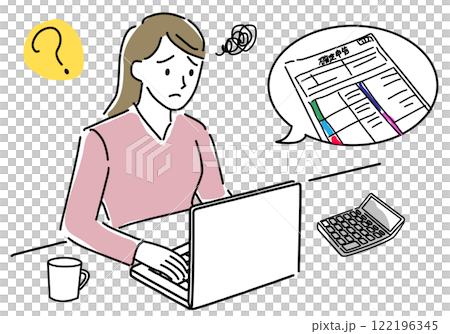 A simple line drawing of a woman having trouble filing tax returns A simple line drawing of a woman having trouble filing tax returns 122196345