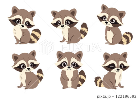 Cute raccoons in different poses. Set of vector illustrations in cartoon style on a white background. 122196392