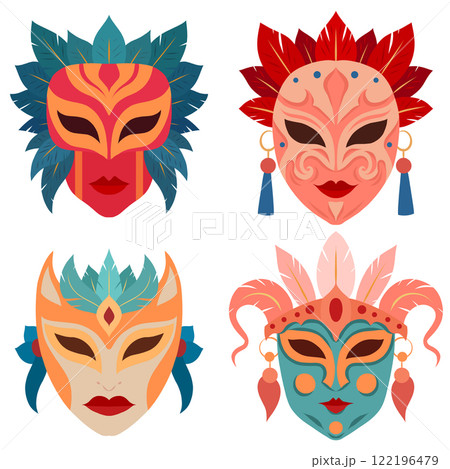 Vector set of masquerade masks with feathers. Festive collection of flat style Venetian mask clip arts for stickers, cards 122196479