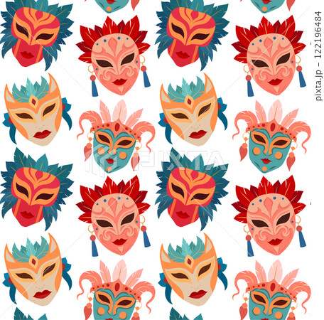 Vector seamless pattern with masquerade masks with feathers. Festive texture with flat style Venetian mask 122196484