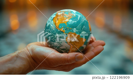 A human hand gently holding a small globe representing Earth. protect and safe planet concept 122196909