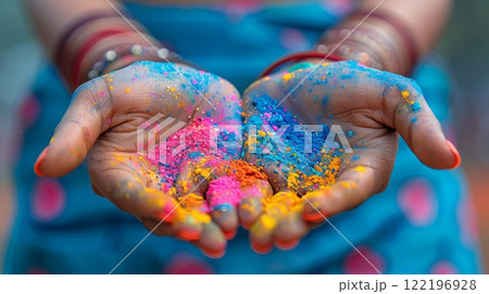 Happy Holi , Concept Indian color festival. close-up female hands with colored powder over dark 122196928