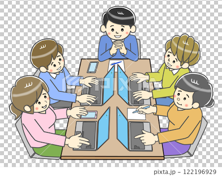 5人ビジネスミーティング進捗状況を確認するリーダー 5人ビジネスミーティング進捗状況を確認するリーダー 122196929