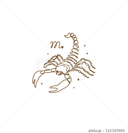 Continuous line drawing of astrological Scorpio zodiac sign. Line art symbol and icon of esoteric zodiacal horoscope. Minimalist black linear sketch isolated on white background.	 122197093