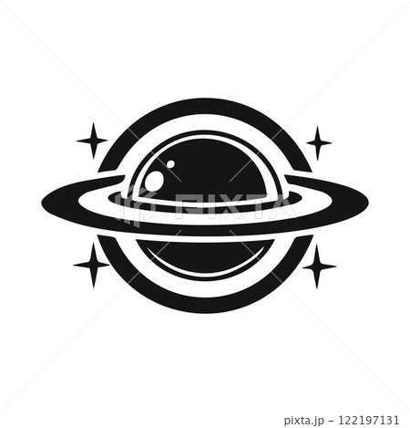 Vector Black and White Saturn Planet Icon with Rings and Stars 122197131