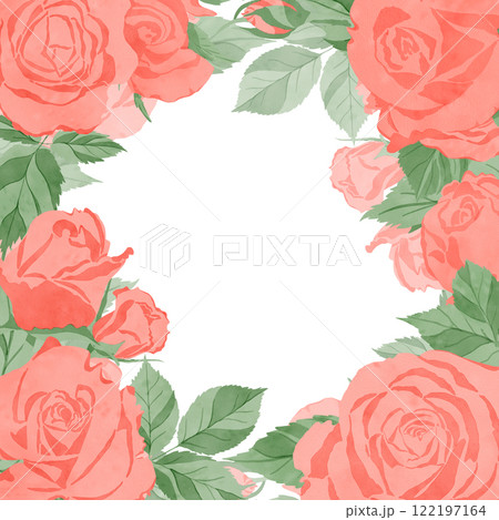 A frame with flowers, pink roses and green leaves isolated on a white background A frame with flowers, pink roses and green leaves isolated on a white background 122197164