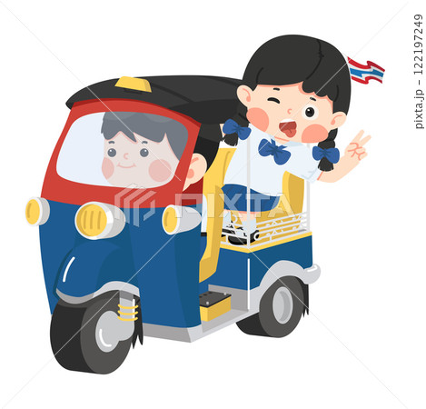 student riding on a tuktuk with a taxi driver student riding on a tuktuk with a taxi driver 122197249