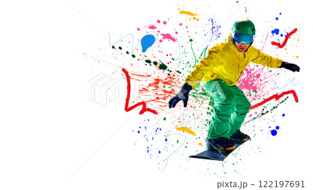 Conceptual art collage. Snowboarder balanced mid-action, surrounded by splashes of vivid colors showcasing energy and artistic expression of winter sports Conceptual art collage. Snowboarder balanced mid-action, surrounded by splashes of vivid colors showcasing energy and artistic expression of winter sports 122197691