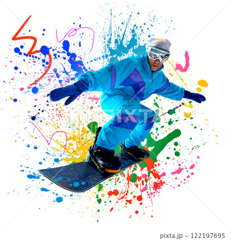Conceptual art collage. Snowboarder wearing bright turquoise suit, mid-air pose,dynamic paint splashes highlighting energy and joy of winter extreme sports Conceptual art collage. Snowboarder wearing bright turquoise suit, mid-air pose,dynamic paint splashes highlighting energy and joy of winter extreme sports 122197695