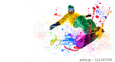 Conceptual art collage. Snowboarder performing trick, dressed colorful modern outfit, paint splashes reflecting dynamic extreme sports. Conceptual art collage. Snowboarder performing trick, dressed colorful modern outfit, paint splashes reflecting dynamic extreme sports. 122197705