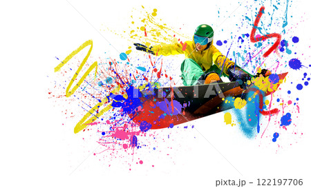 Conceptual art collage. Snowboarder in yellow jacket, green pants, balanced in air, arms wide, colorful background symbolizing creativity and thrilling ride. 122197706