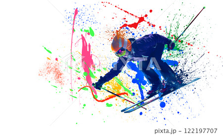 Conceptual art collage. Snowboarder in mid-air in dynamic pose with vibrant paint splashes illustrating joy and freedom of winter sports. Conceptual art collage. Snowboarder in mid-air in dynamic pose with vibrant paint splashes illustrating joy and freedom of winter sports. 122197707