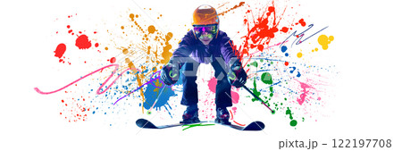 Banner. Conceptual art collage. Skier crouched on skis, holding poles extended, surrounded by bright colors reflecting motion and artistic energy. 122197708