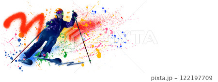 Banner. Conceptual art collage. Skier in orange helmet and purple jacket confidently descending, poles angled, colorful streaks enhancing energetic feel of winter action. Banner. Conceptual art collage. Skier in orange helmet and purple jacket confidently descending, poles angled, colorful streaks enhancing energetic feel of winter action. 122197709