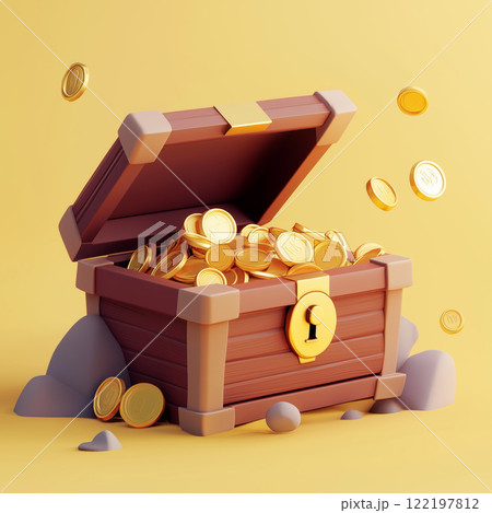 Treasure chest overflowing with gold coins on a bright yellow background 122197812