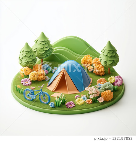 Colorful camping scene with tent and bicycle surrounded by flowers and trees in a playful setting 122197852
