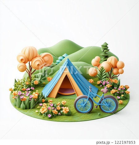 Colorful camping scene with a tent, bike, and vibrant flowers in a lush landscape 122197853