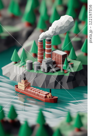 Industrial scene with a cargo ship near a factory on a river surrounded by trees 122197856