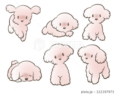 かわいいトイプードルの手描き白抜きイラストセット 122197973