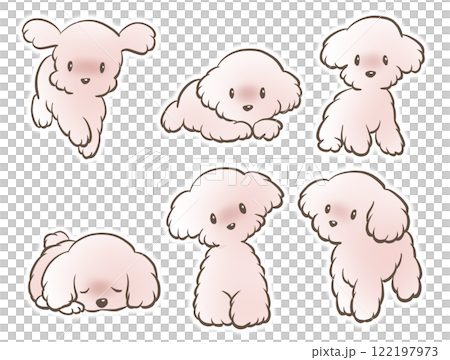 かわいいトイプードルの手描き白抜きイラストセット 122197973