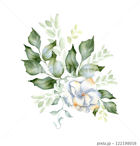 Pale green arrangement of holly leaves and white camellia watercolor illustration isolated. Foliage of rippled twigs and watercolor stains hand drawn in soft green. Greenery delicate wedding design. 122198016