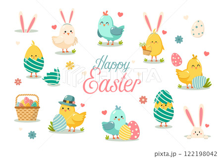 Colorful easter themed vector illustration with cute chicks birds. Happy Easter. Colorful easter themed vector illustration with cute chicks birds. Happy Easter. 122198042