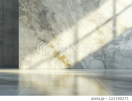 Minimalist interior with a modern marble wall illuminated by sunlight in a contemporary space 122198271
