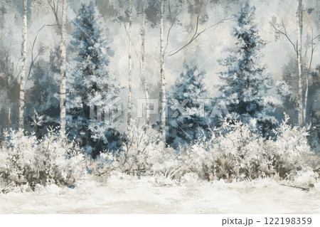 Winter landscape featuring snow-covered trees and a serene atmosphere in a tranquil forest setting Winter landscape featuring snow-covered trees and a serene atmosphere in a tranquil forest setting 122198359